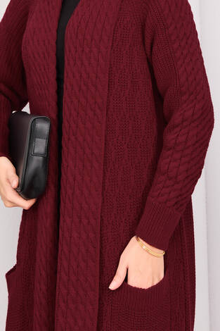 Saç Örgü Şal Yaka Tesettür Triko Hırka Bordo - Thumbnail