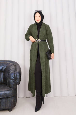 Saç Örgü Şal Yaka Tesettür Triko Hırka Haki - Thumbnail