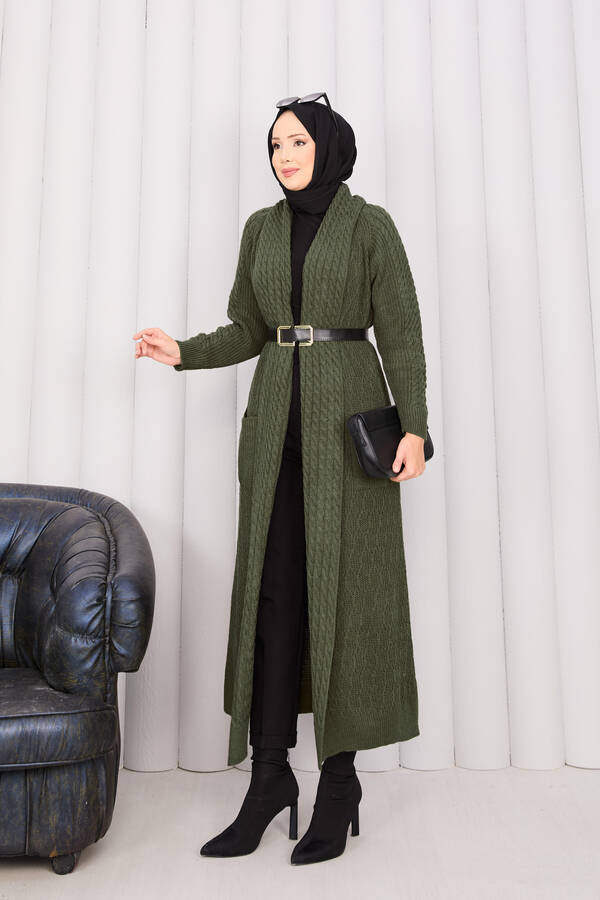 Saç Örgü Şal Yaka Tesettür Triko Hırka Haki - 4