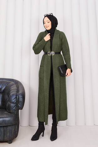 Saç Örgü Şal Yaka Tesettür Triko Hırka Haki