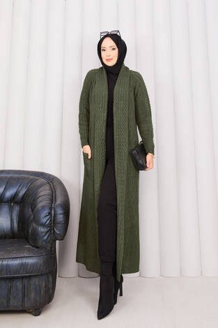 Saç Örgü Şal Yaka Tesettür Triko Hırka Haki - Thumbnail