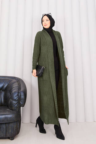 Saç Örgü Şal Yaka Tesettür Triko Hırka Haki - Thumbnail