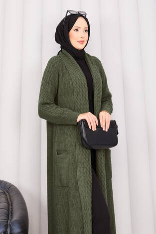 Saç Örgü Şal Yaka Tesettür Triko Hırka Haki - Thumbnail