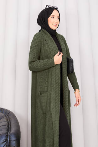 Saç Örgü Şal Yaka Tesettür Triko Hırka Haki - Thumbnail