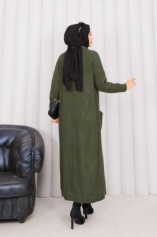 Saç Örgü Şal Yaka Tesettür Triko Hırka Haki - Thumbnail