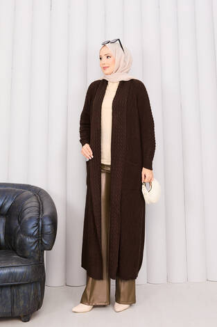 Saç Örgü Şal Yaka Tesettür Triko Hırka Kahve - Thumbnail
