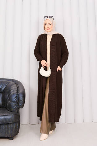 Saç Örgü Şal Yaka Tesettür Triko Hırka Kahve - Thumbnail