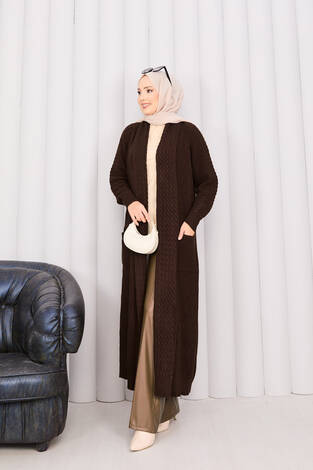 Saç Örgü Şal Yaka Tesettür Triko Hırka Kahve - Thumbnail