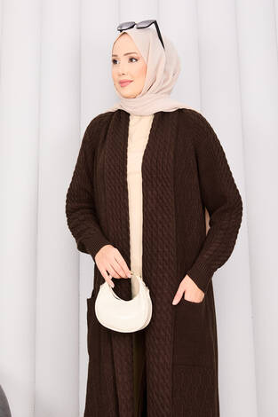 Saç Örgü Şal Yaka Tesettür Triko Hırka Kahve - Thumbnail