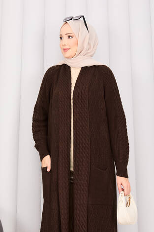 Saç Örgü Şal Yaka Tesettür Triko Hırka Kahve - Thumbnail