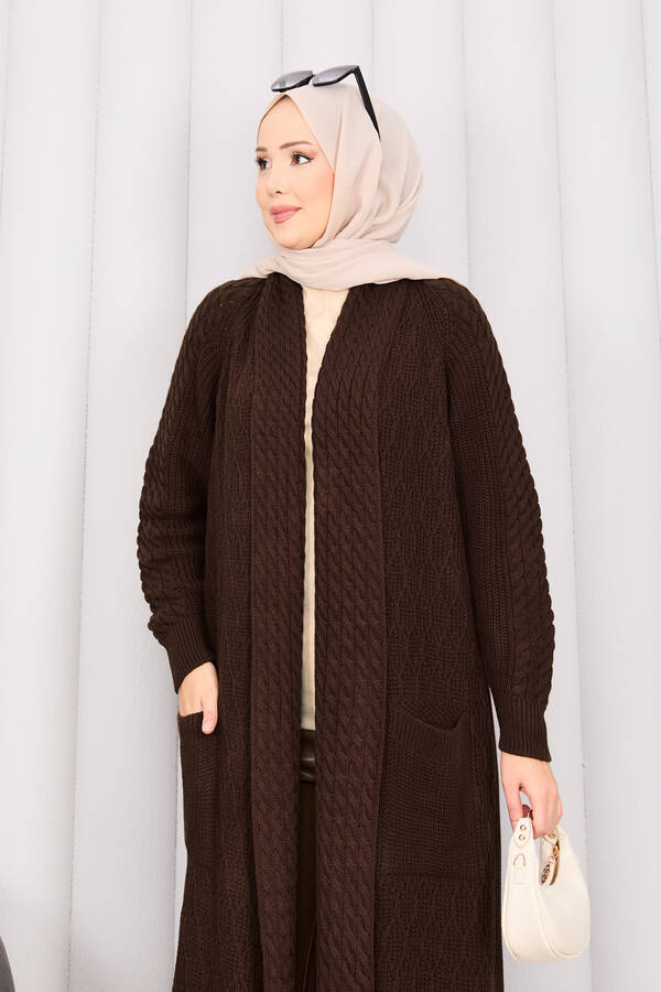 RAF - Saç Örgü Şal Yaka Tesettür Triko Hırka Kahve (1)