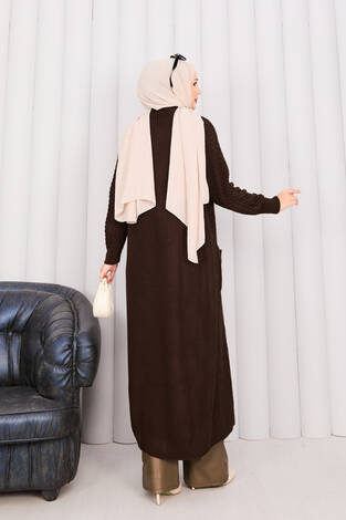 Saç Örgü Şal Yaka Tesettür Triko Hırka Kahve - Thumbnail
