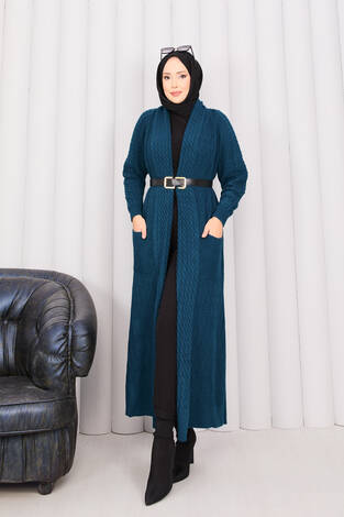 Saç Örgü Şal Yaka Tesettür Triko Hırka Petrol - Thumbnail