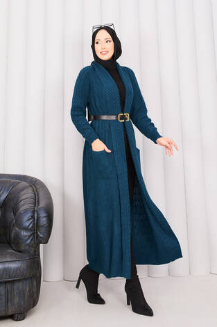 Saç Örgü Şal Yaka Tesettür Triko Hırka Petrol