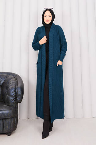 Saç Örgü Şal Yaka Tesettür Triko Hırka Petrol - Thumbnail