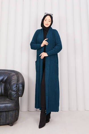 Saç Örgü Şal Yaka Tesettür Triko Hırka Petrol - Thumbnail