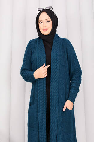 Saç Örgü Şal Yaka Tesettür Triko Hırka Petrol - Thumbnail