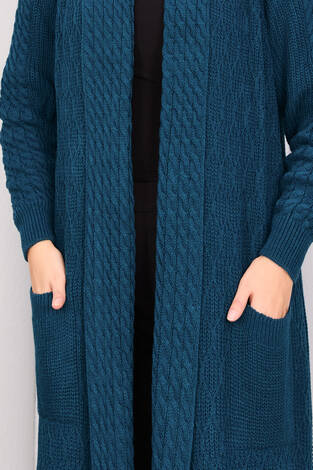 Saç Örgü Şal Yaka Tesettür Triko Hırka Petrol - Thumbnail