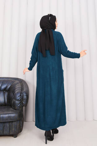 Saç Örgü Şal Yaka Tesettür Triko Hırka Petrol - Thumbnail