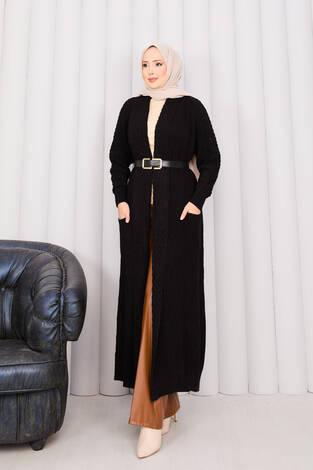 Saç Örgü Şal Yaka Tesettür Triko Hırka Siyah - Thumbnail