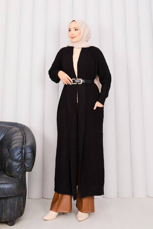 Saç Örgü Şal Yaka Tesettür Triko Hırka Siyah - Thumbnail