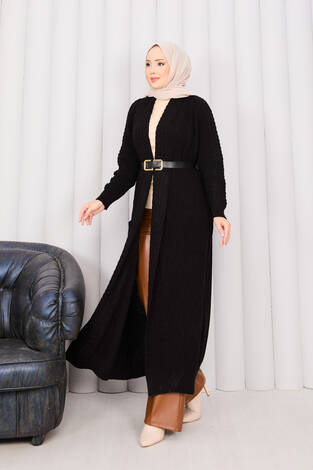 Saç Örgü Şal Yaka Tesettür Triko Hırka Siyah - Thumbnail