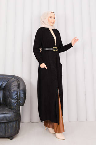 Saç Örgü Şal Yaka Tesettür Triko Hırka Siyah - Thumbnail