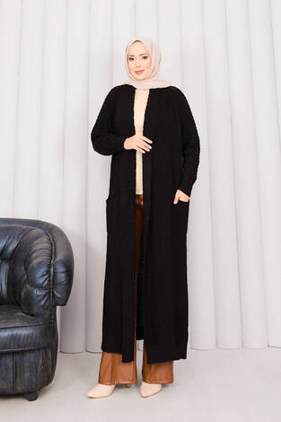 Saç Örgü Şal Yaka Tesettür Triko Hırka Siyah - Thumbnail