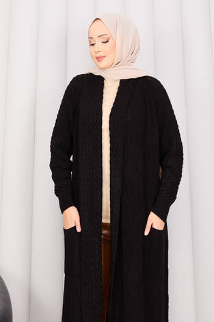 Saç Örgü Şal Yaka Tesettür Triko Hırka Siyah - Thumbnail