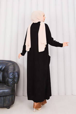 Saç Örgü Şal Yaka Tesettür Triko Hırka Siyah - Thumbnail