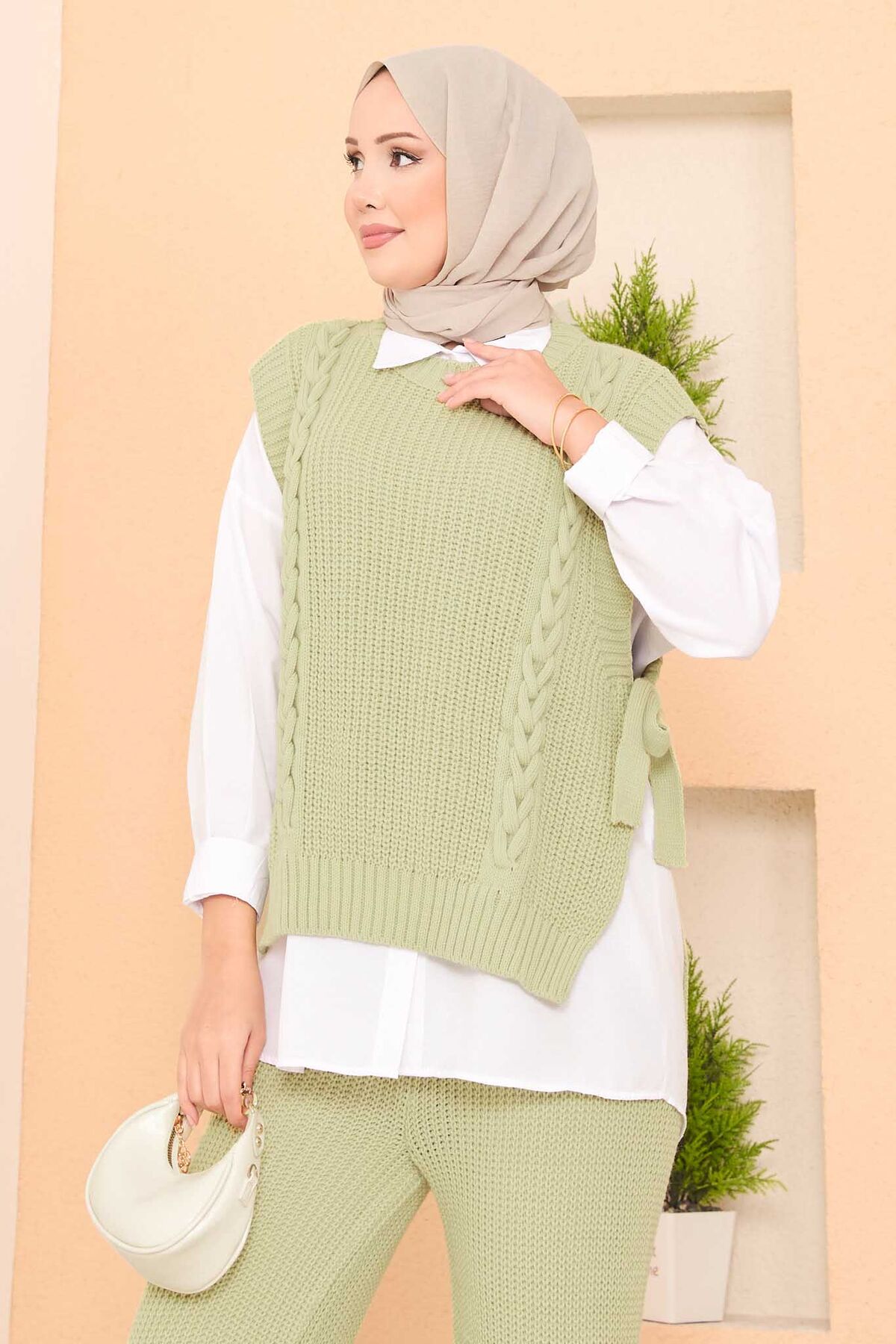 Saç Örgü Triko Üçlü Tesettür Takım Mint Saç Örgü Triko Üçlü Tesettür Takım Mint