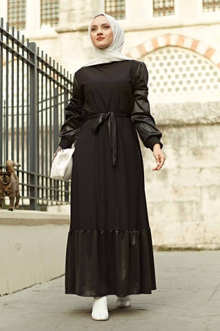 SAG Leather Garnish Dress 2964-1 Black - Thumbnail