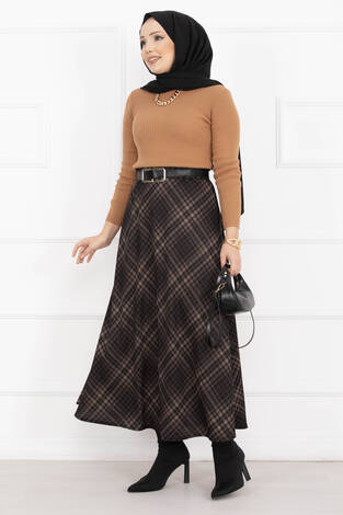 Sahra Ekose Desen Scuba Etek Siyah-Camel - Thumbnail