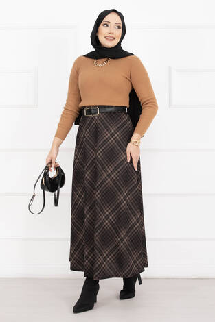 Sahra Ekose Desen Scuba Etek Siyah-Camel - Thumbnail