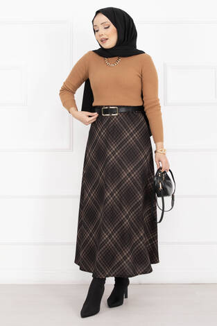 Sahra Ekose Desen Scuba Etek Siyah-Camel - Thumbnail