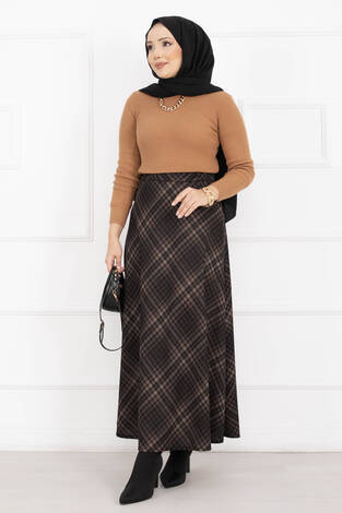 Sahra Ekose Desen Scuba Etek Siyah-Camel - Thumbnail