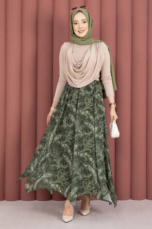 Şal Desen Asimetrik Kesim Şifon Etek Haki - Thumbnail