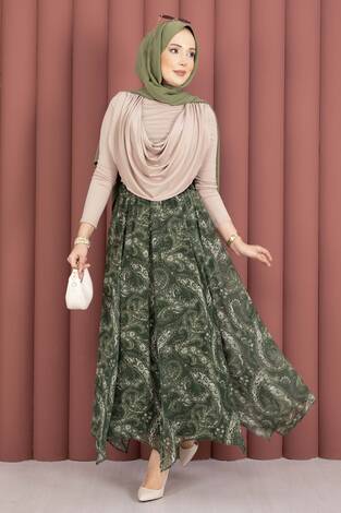 Şal Desen Asimetrik Kesim Şifon Etek Haki - Thumbnail
