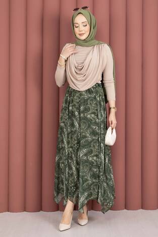 Şal Desen Asimetrik Kesim Şifon Etek Haki - Thumbnail