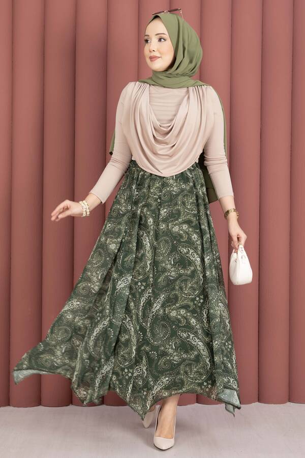 MD - Şal Desen Asimetrik Kesim Şifon Etek Haki