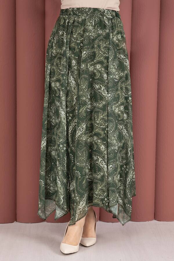 MD - Şal Desen Asimetrik Kesim Şifon Etek Haki (1)