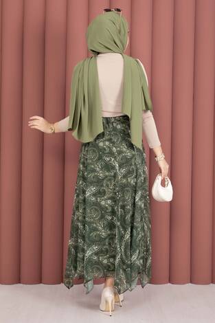 Şal Desen Asimetrik Kesim Şifon Etek Haki - Thumbnail