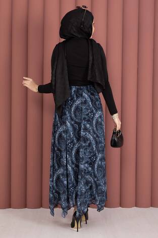 Şal Desen Asimetrik Kesim Şifon Etek Lacivert - Thumbnail