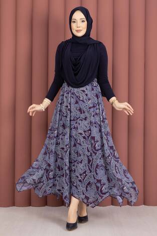 Şal Desen Asimetrik Kesim Şifon Etek Mürdüm