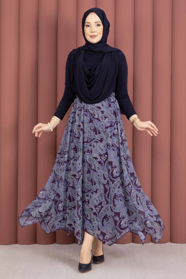 MD - Şal Desen Asimetrik Kesim Şifon Etek Mürdüm