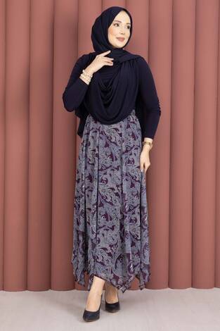 Şal Desen Asimetrik Kesim Şifon Etek Mürdüm - Thumbnail