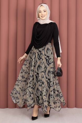 Şal Desen Asimetrik Kesim Şifon Etek Siyah - Thumbnail