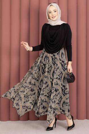 Şal Desen Asimetrik Kesim Şifon Etek Siyah - Thumbnail