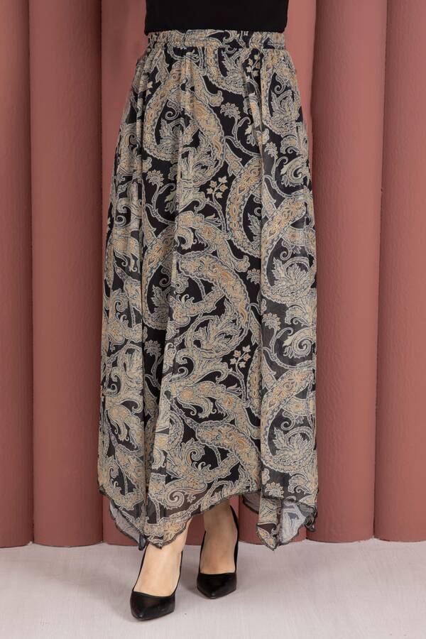 MD - Şal Desen Asimetrik Kesim Şifon Etek Siyah (1)