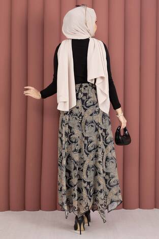 Şal Desen Asimetrik Kesim Şifon Etek Siyah - Thumbnail